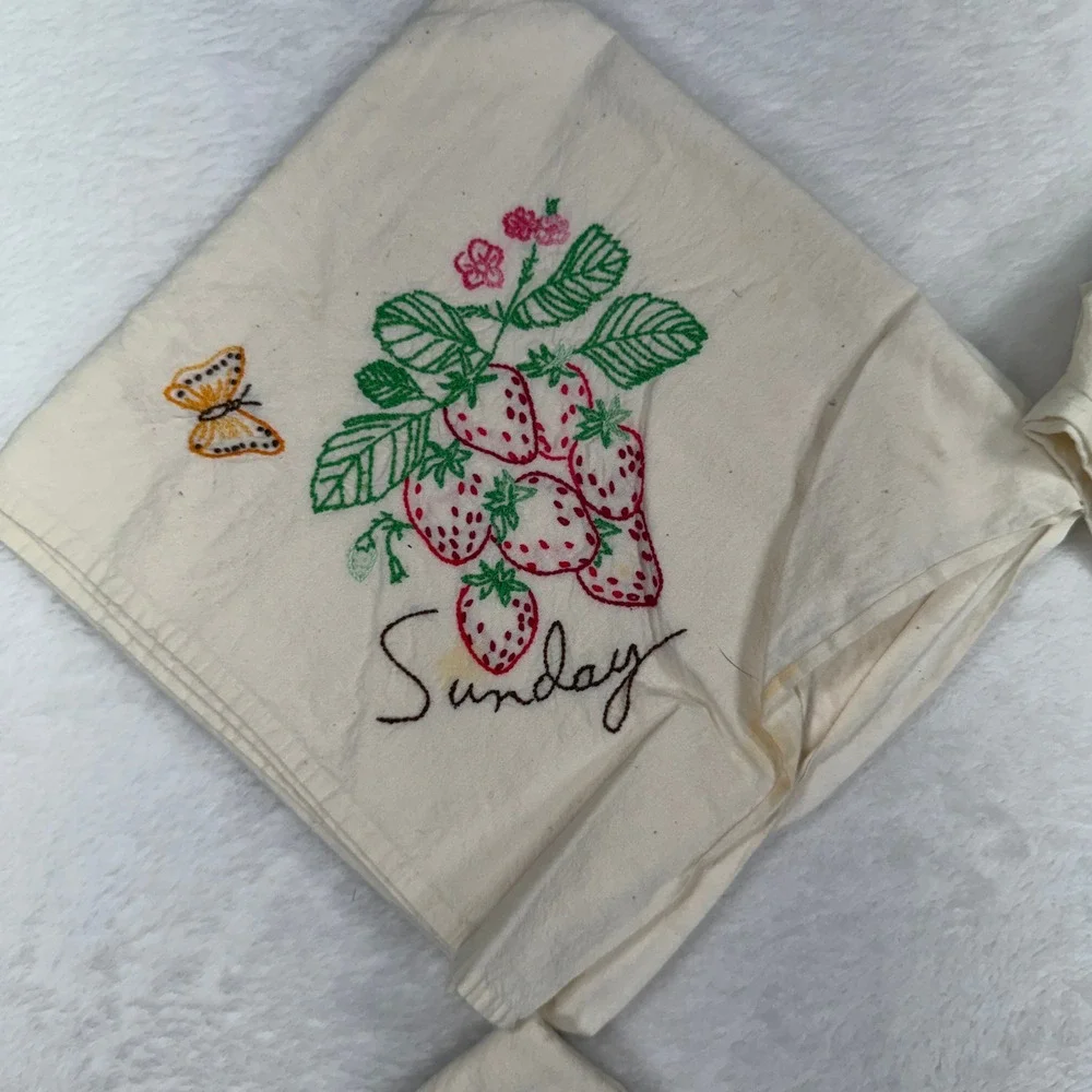 Vintage Tea Towels Days the Week Fruit Hand Embroidered Set of 5 Cream Kitschy